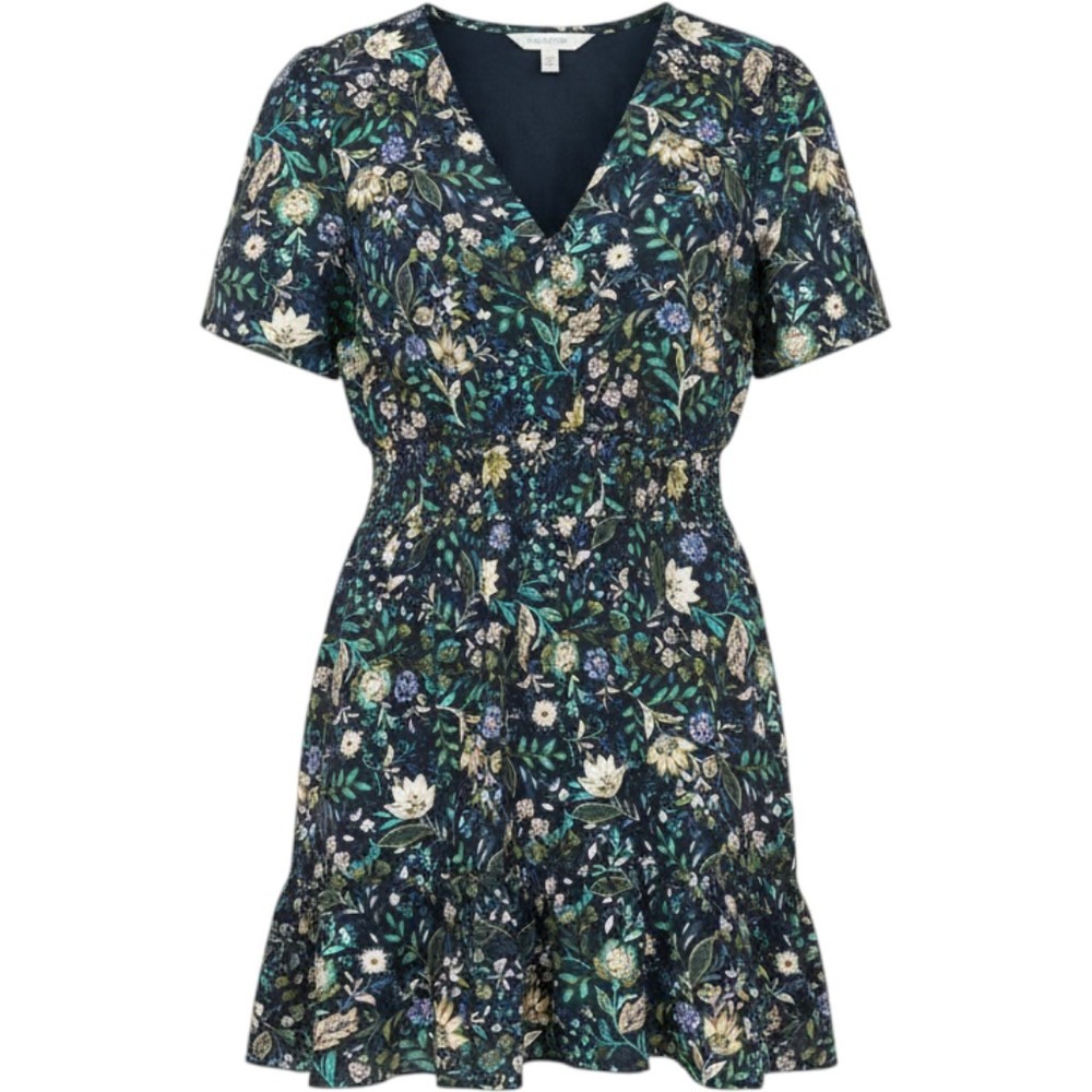 Maurices Women 3X Floral V-Neck Smocked Waist Ruffle Hem Mini Dress Navy Blue